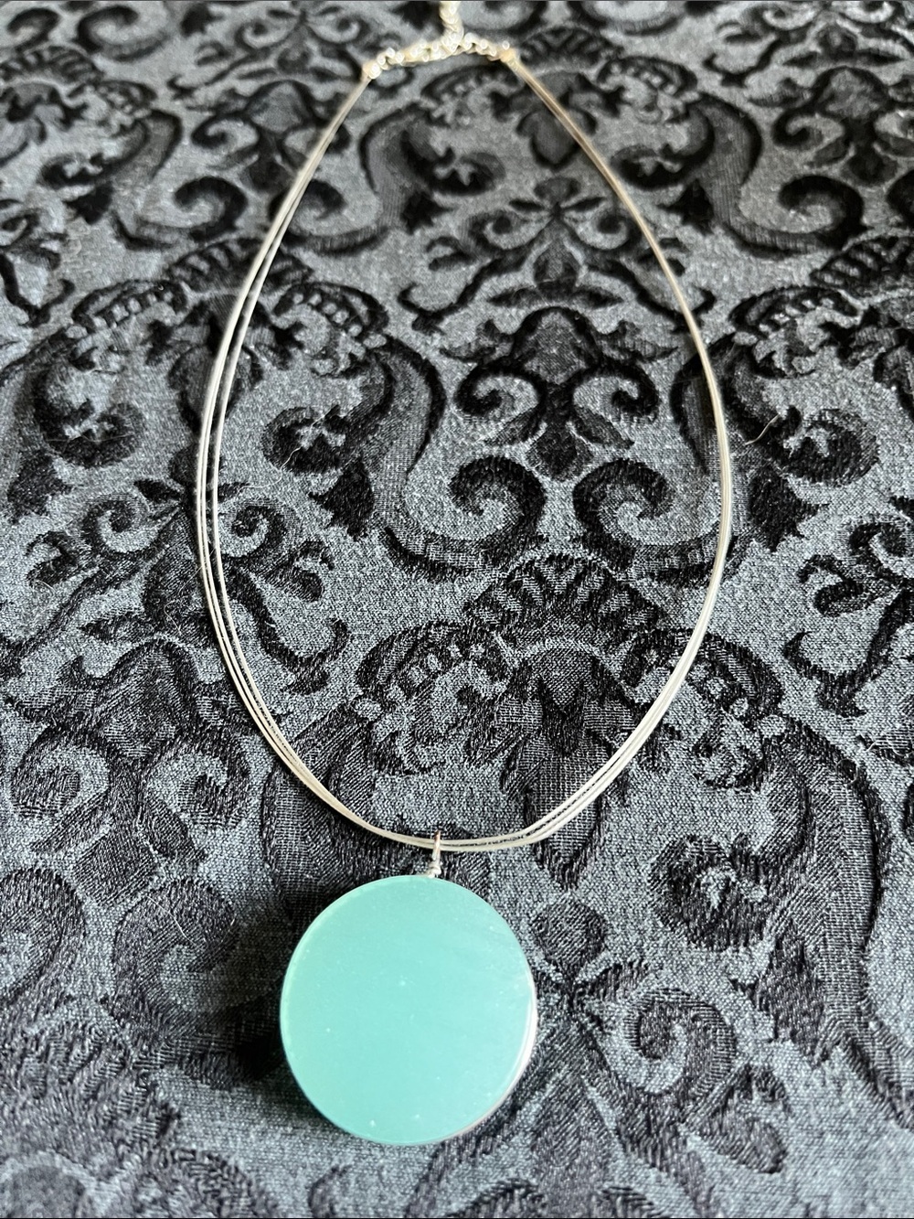 Silver Tone Necklace with Aqua Disc Pendant - Women Jewelry - Picture 2 of 2